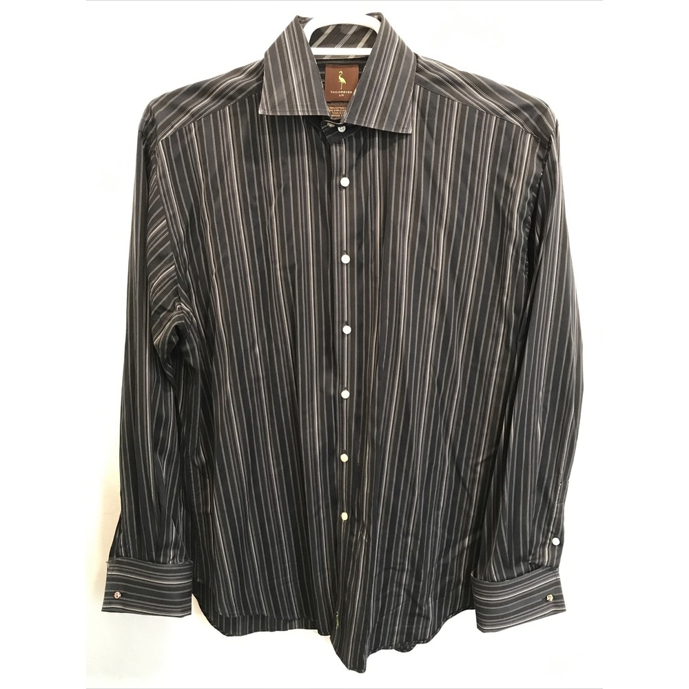 Tailorbyrd Men's Large Black Stripe Button Front Long Sleeve Shirt 2 Ply Yarn